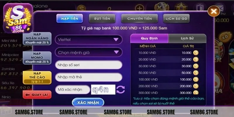 Nạp tiền Sam86 bằng thẻ cào điện thoại tiện lợi, nhanh chóng nhất